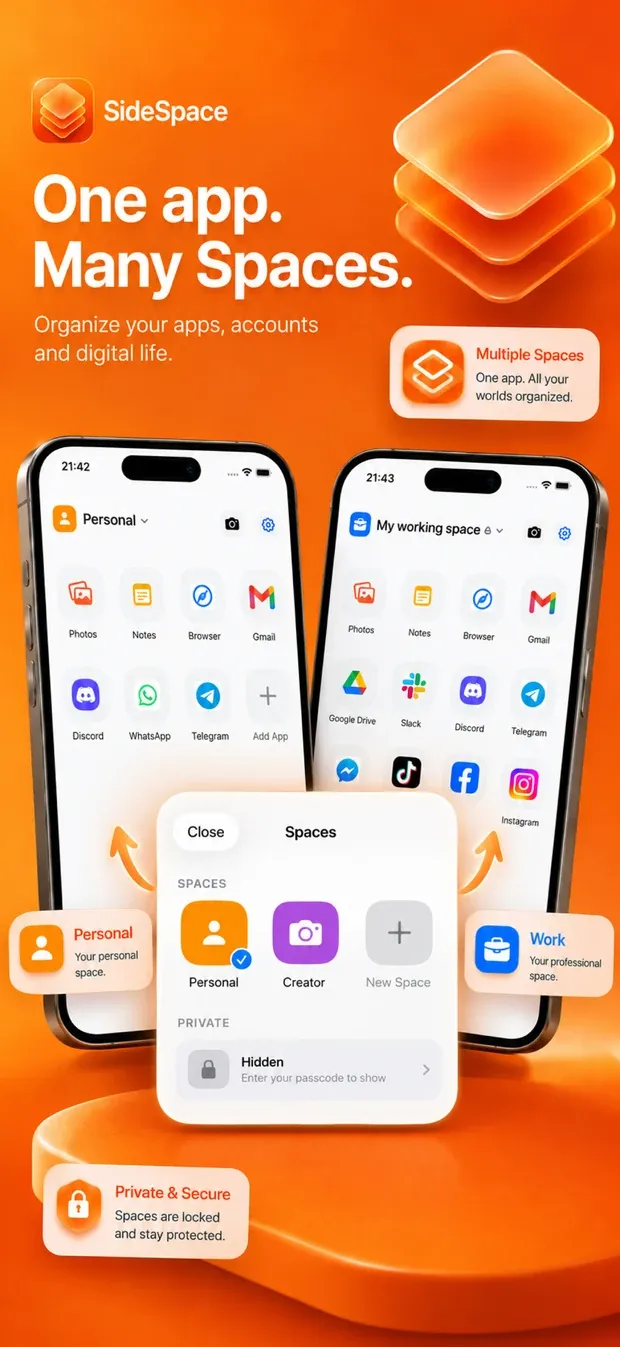 The SideSpace grid of pinned web apps inside a Space, and the switcher listing Personal, Creator and a hidden Private group